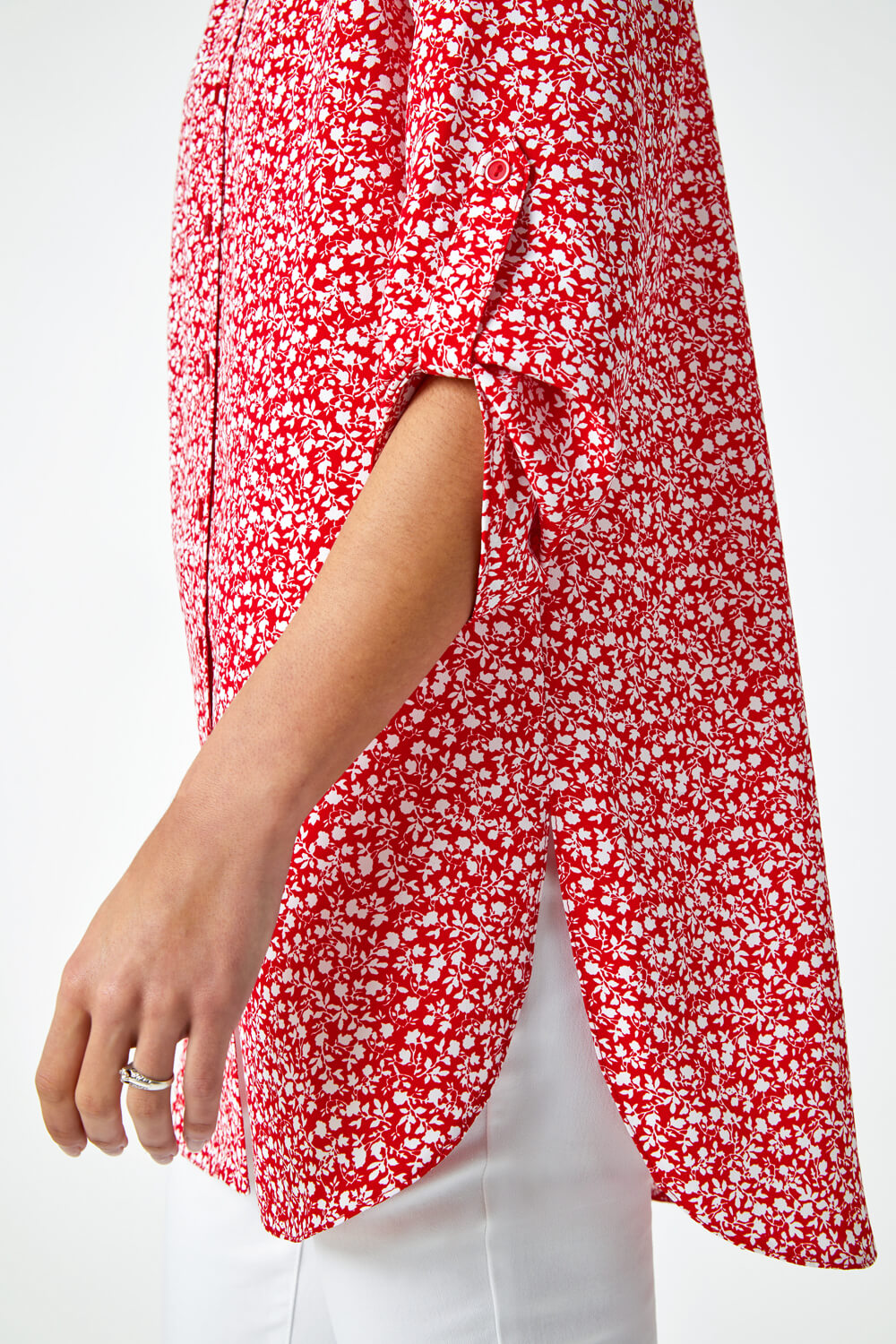 Red Ditsy Floral Print Longline Blouse, Image 5 of 5