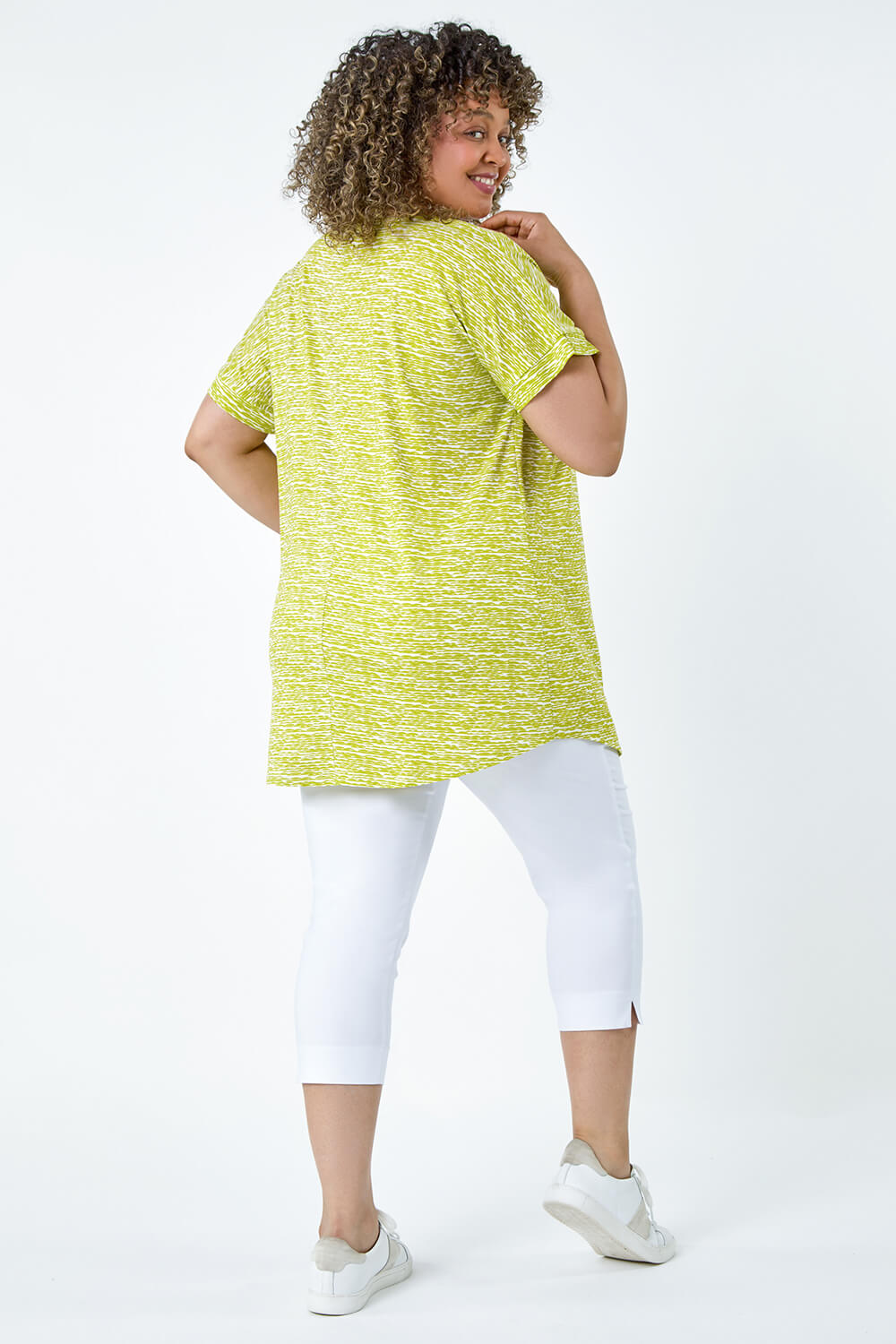 Lime Curve Pleat Front Printed Stretch Top, Image 3 of 5