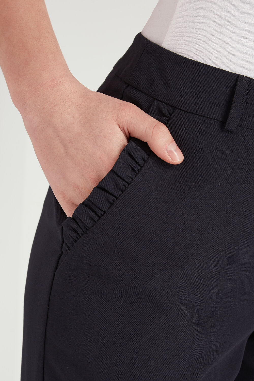 Black Tapered Frill Detail Trousers, Image 4 of 5