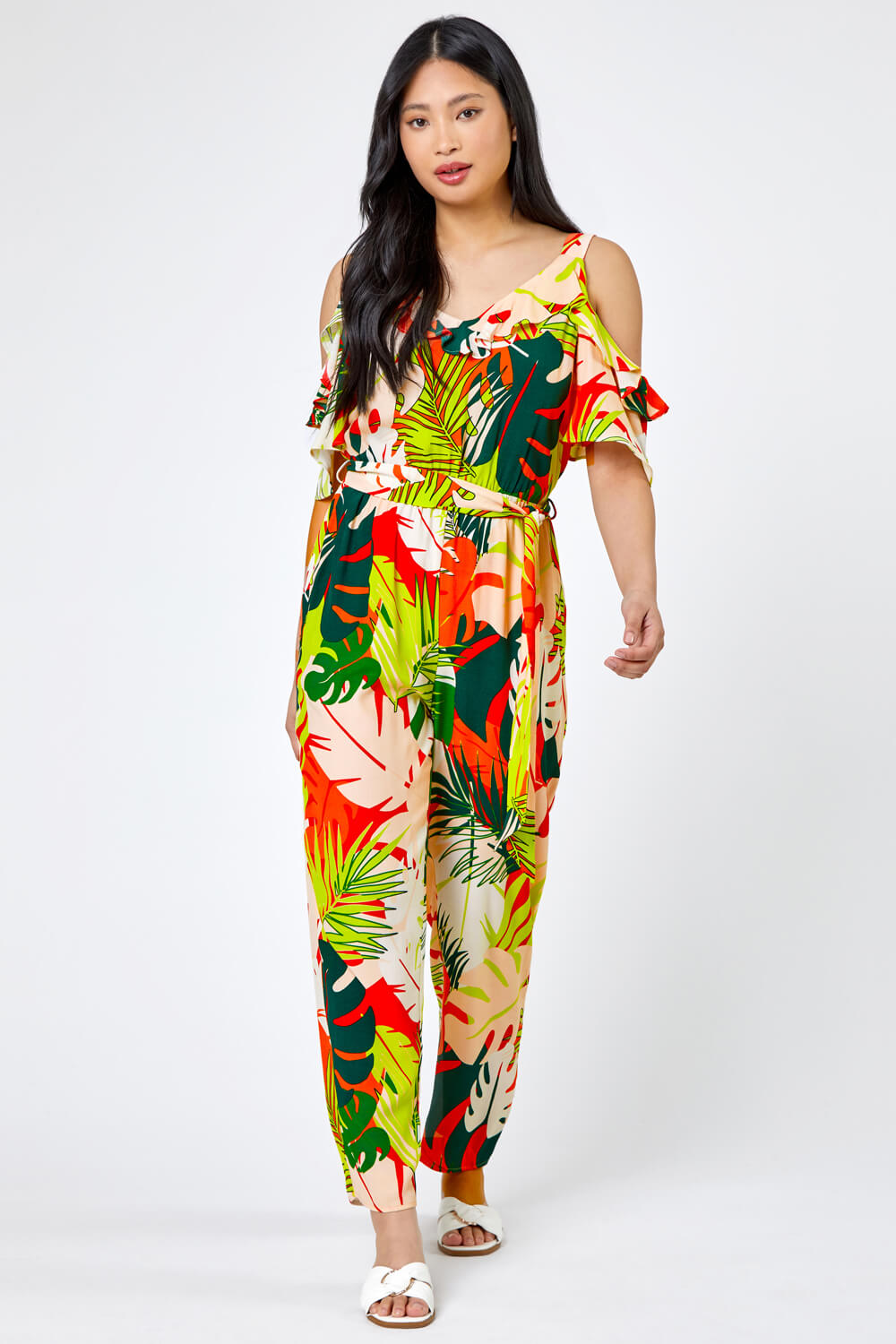 Lime Petite Tropical Print Frill Jumpsuit, Image 4 of 6