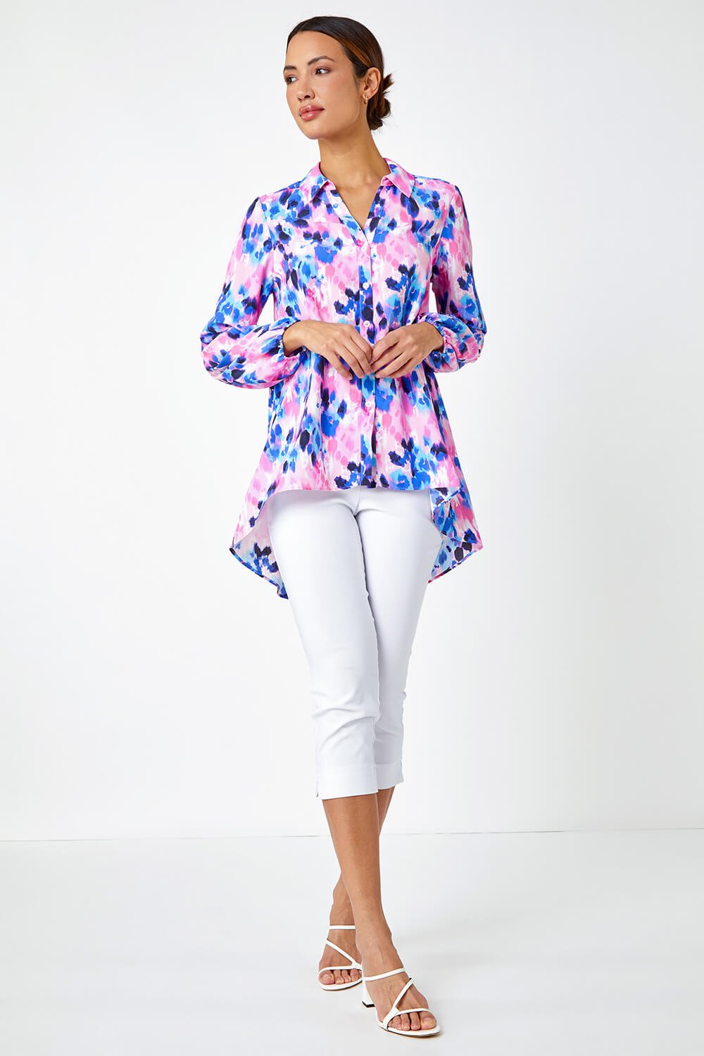 PINK Abstract Print Dropped Hem Blouse, Image 2 of 5