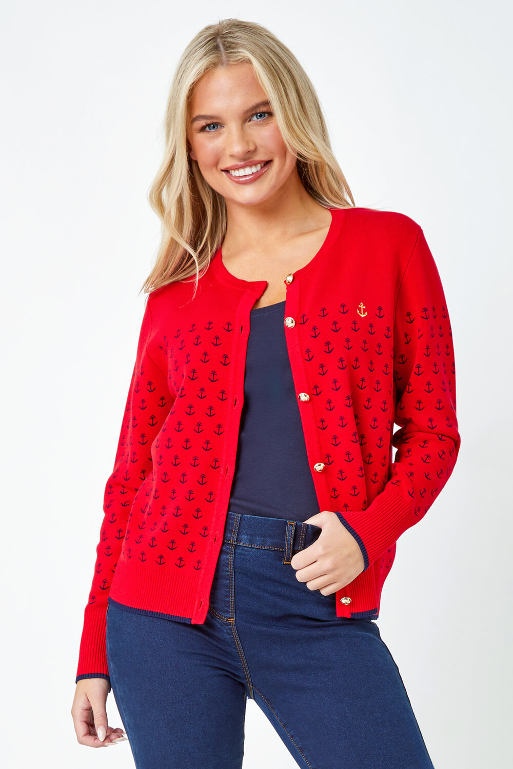 Red Petite Anchor Embroidered Cardigan, Image 2 of 5