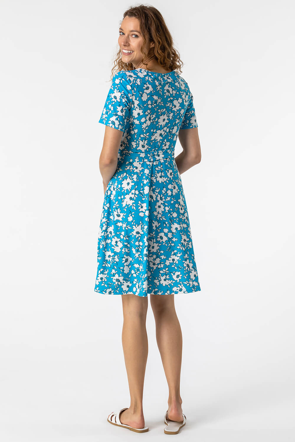 Blue Floral Print Belted Skater Dress , Image 3 of 5