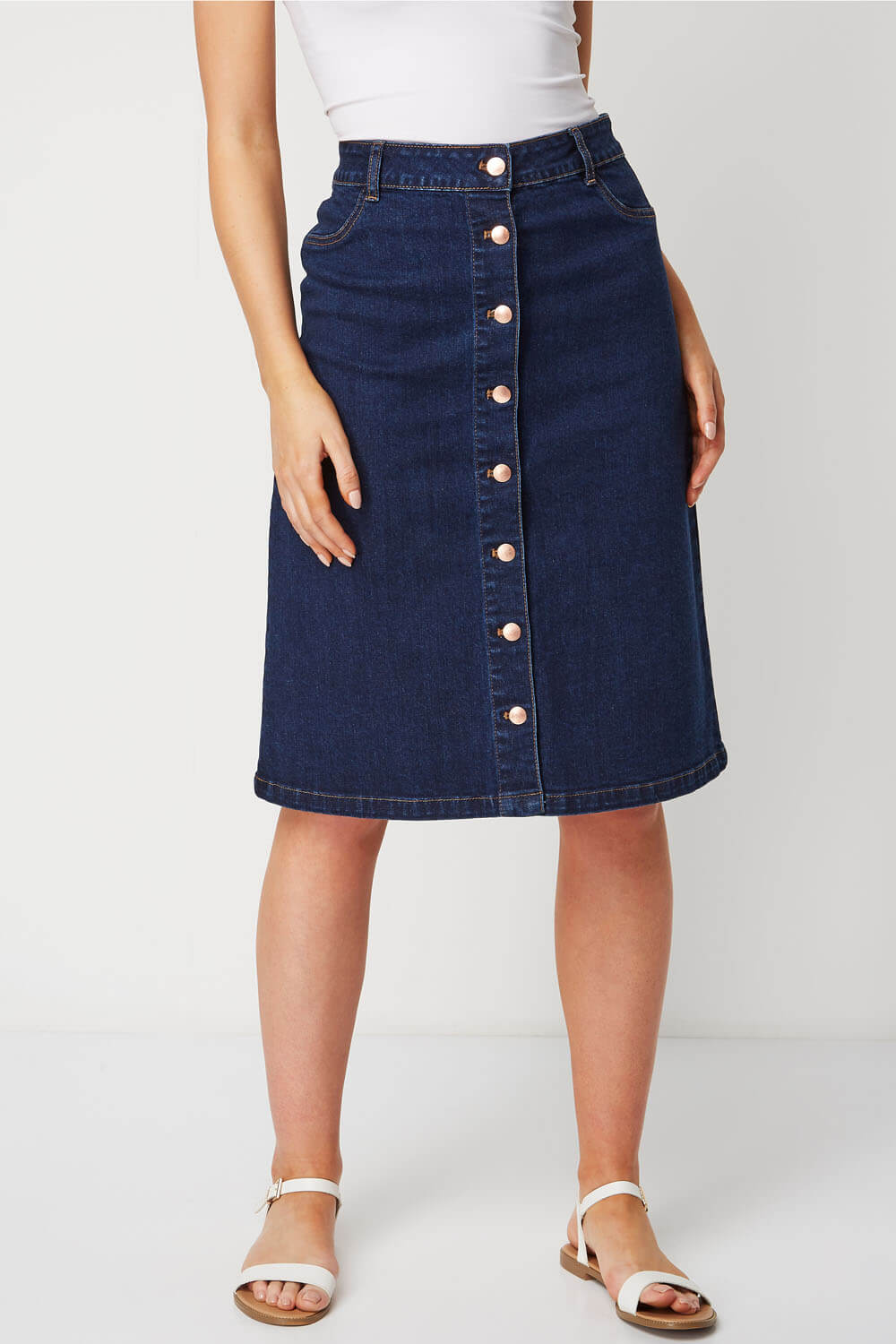 button through denim skirt