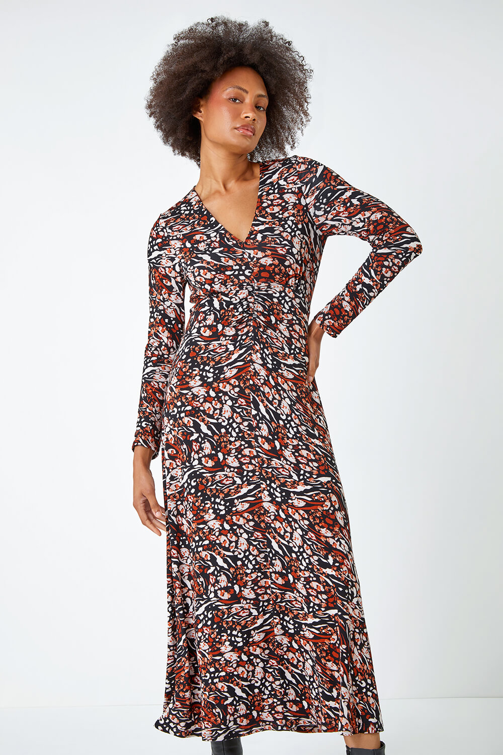 Neutral Animal Print Ruched Midi Stretch Dress, Image 1 of 5