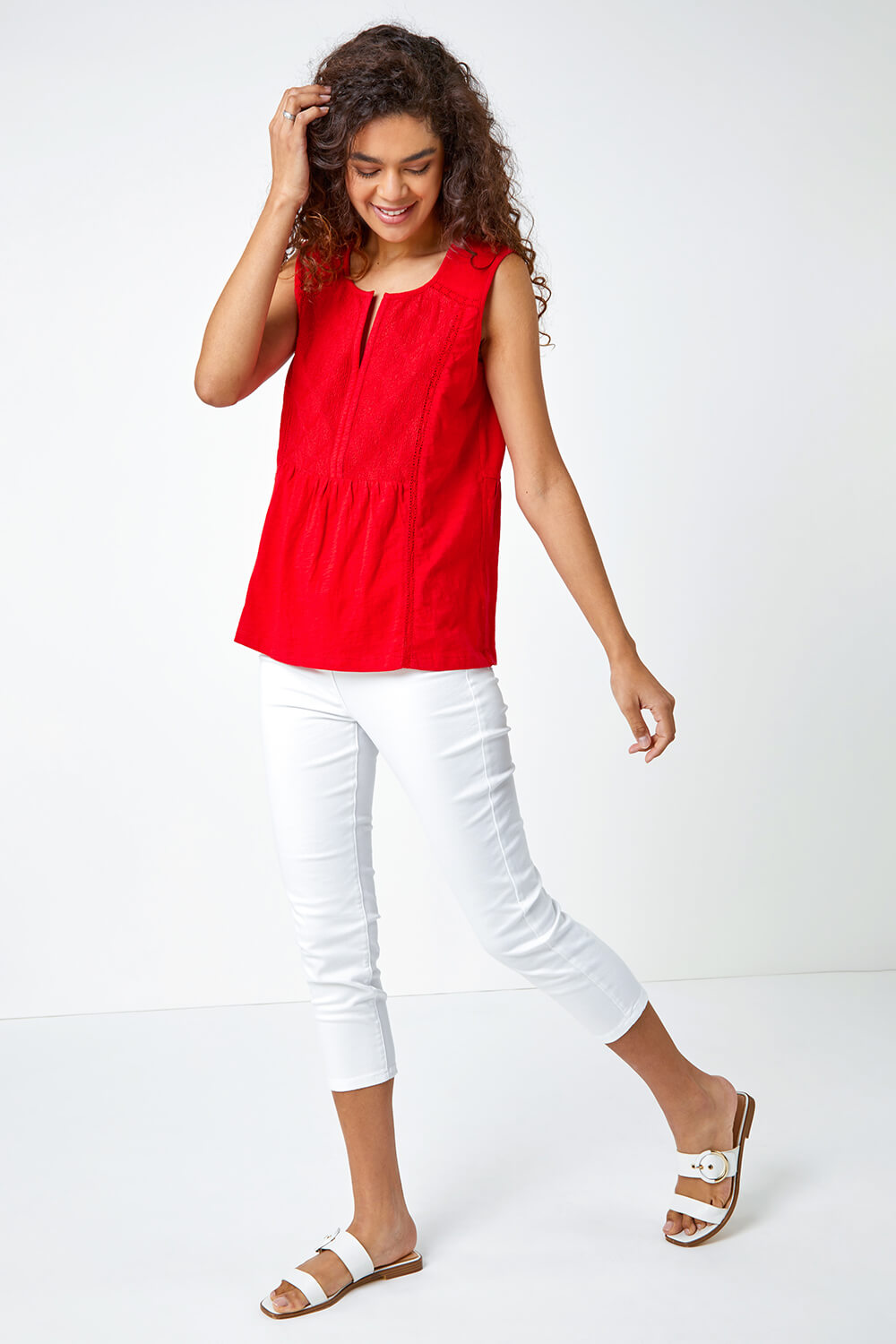 Red Embroidered Peplum Cotton Vest, Image 2 of 5