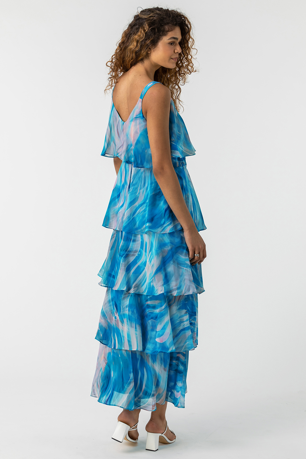 Aqua Abstract Print Tiered Maxi Dress, Image 2 of 5