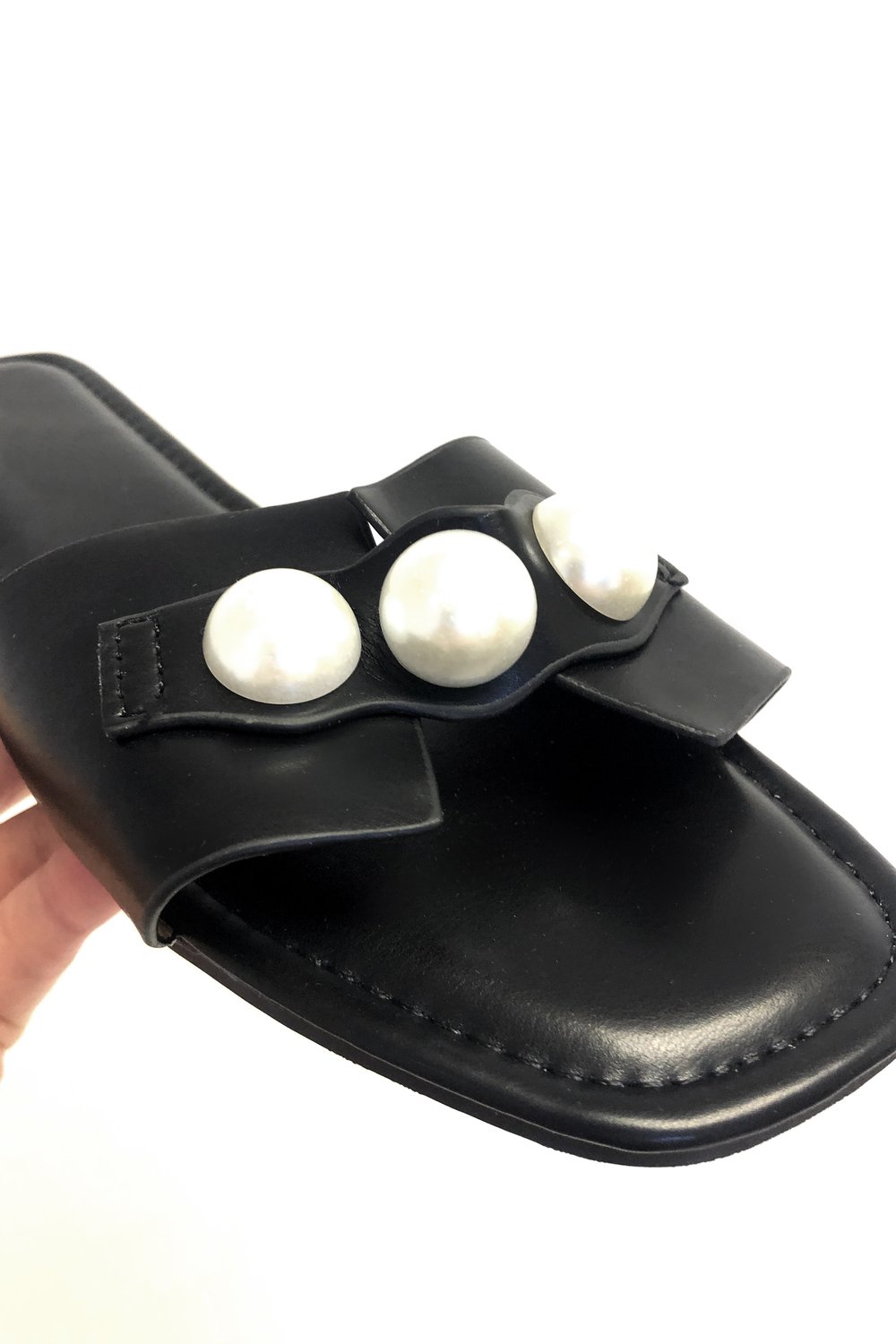 Black Pearl Detail Sliders Sandals, Image 2 of 4