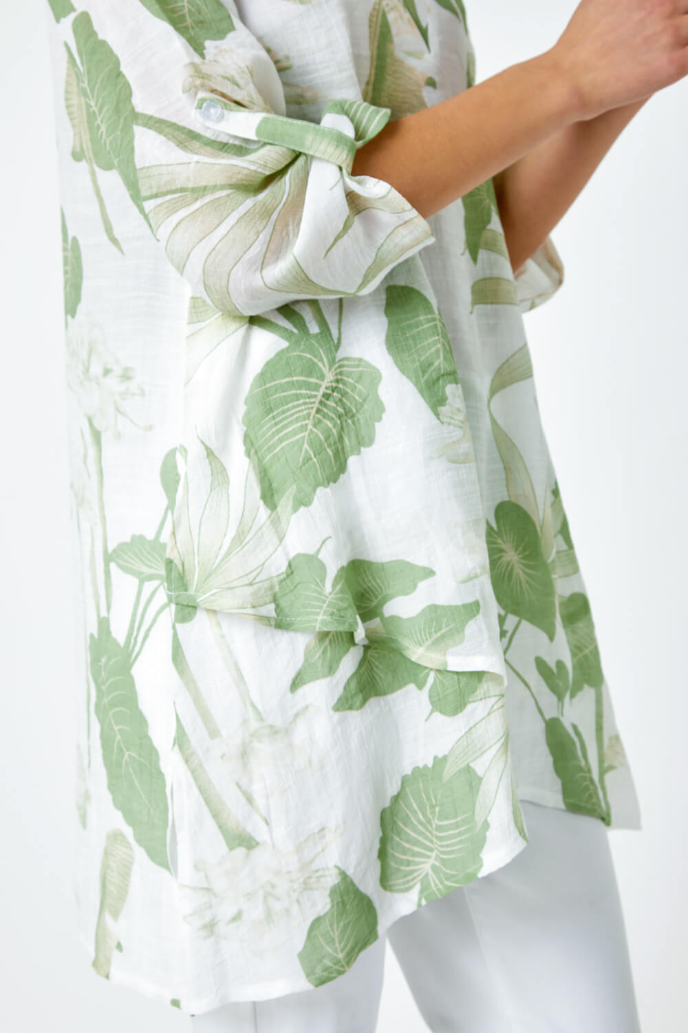 Green Palm Print Wrap Hem Tunic Top, Image 5 of 5