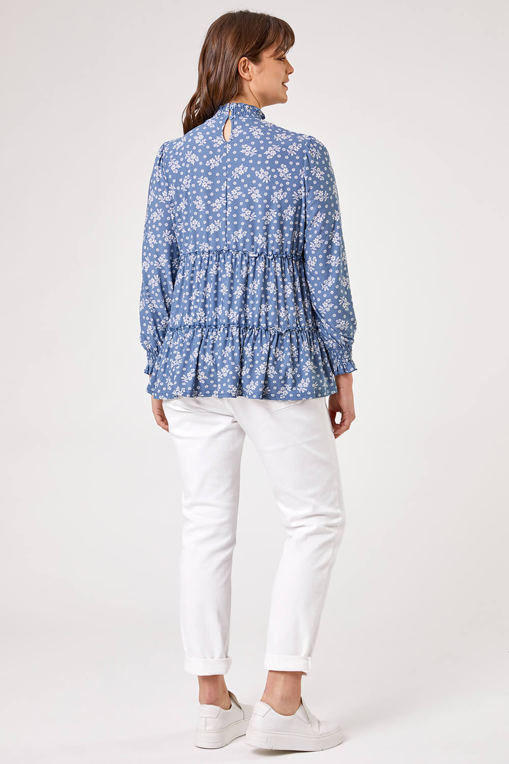 Blue Curve Tiered Floral Print Top, Image 2 of 5