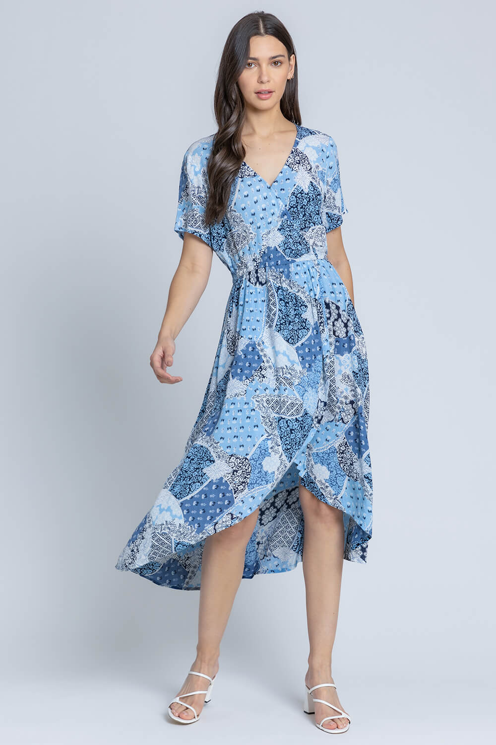 Patchwork Floral Wrap Dress in Light Blue - Roman Originals UK
