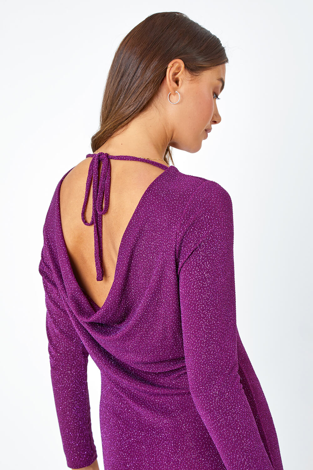Purple Glitter Cowl Back Stretch Ruched Midi Dress, Image 4 of 5