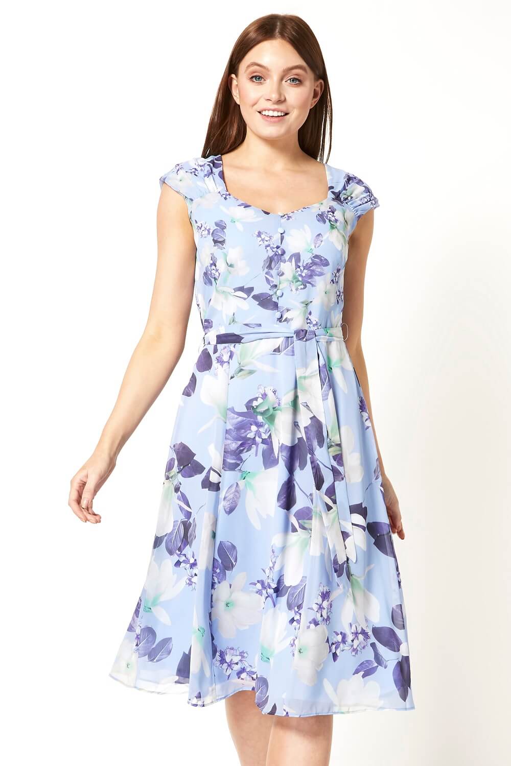 Floral Fit and Flare Belted Dress in Lilac - Roman Originals UK