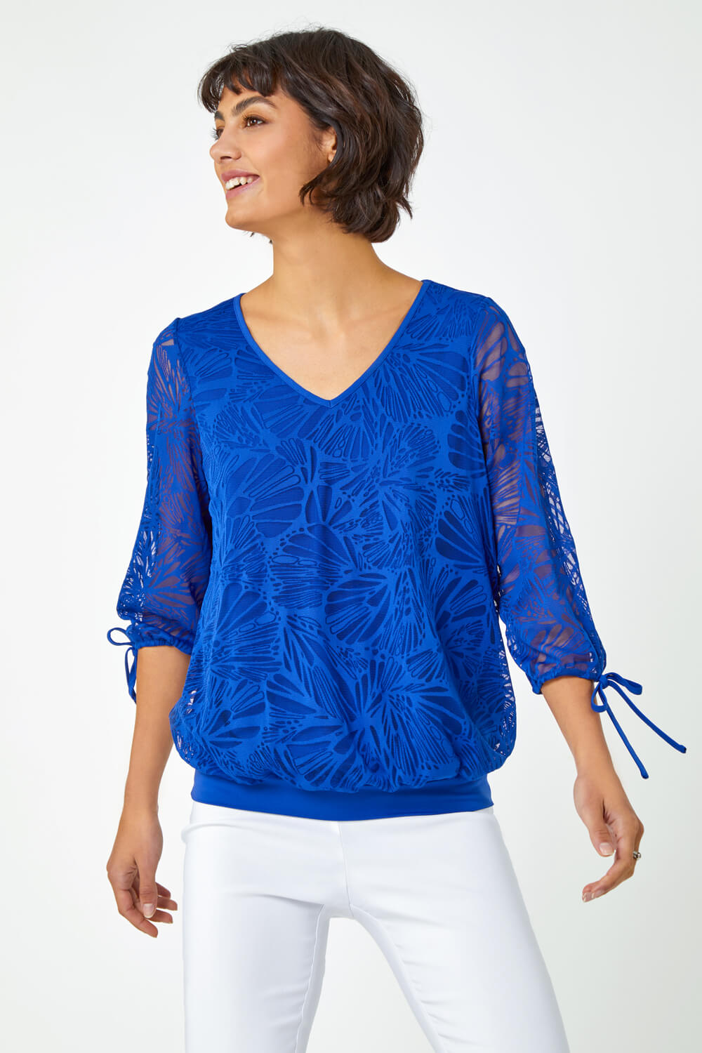 Royal Blue Burnout Tie Sleeve Overlay Top, Image 2 of 5