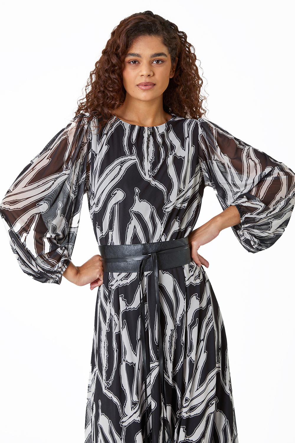 Black Abstract Print Belted Midi Stretch Dress , Image 4 of 5