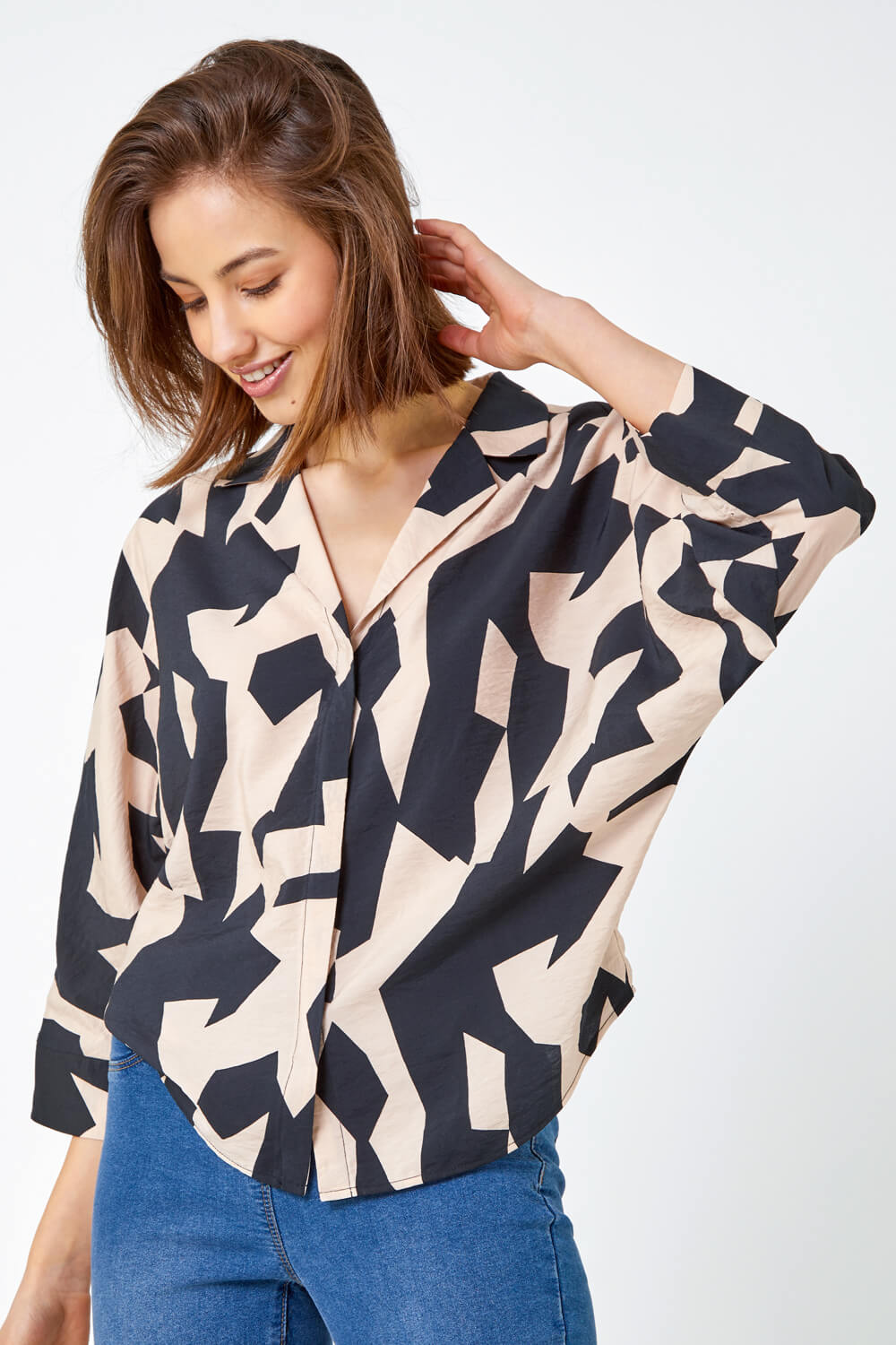 Black Abstract Print Collared Blouse, Image 2 of 5