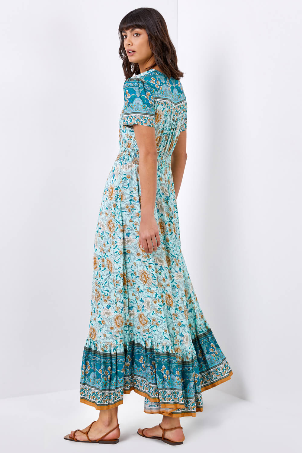 Aqua Floral Print Shirred Waist Maxi Dress, Image 2 of 4