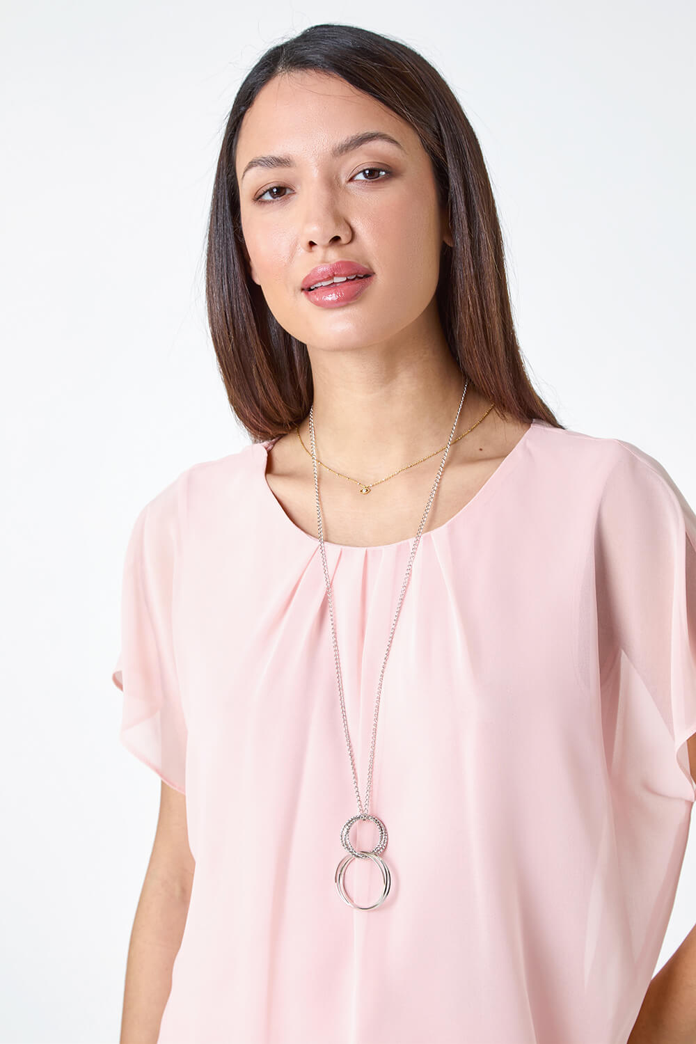 Light Pink Chiffon Jersey Blouson Top with Necklace, Image 4 of 5