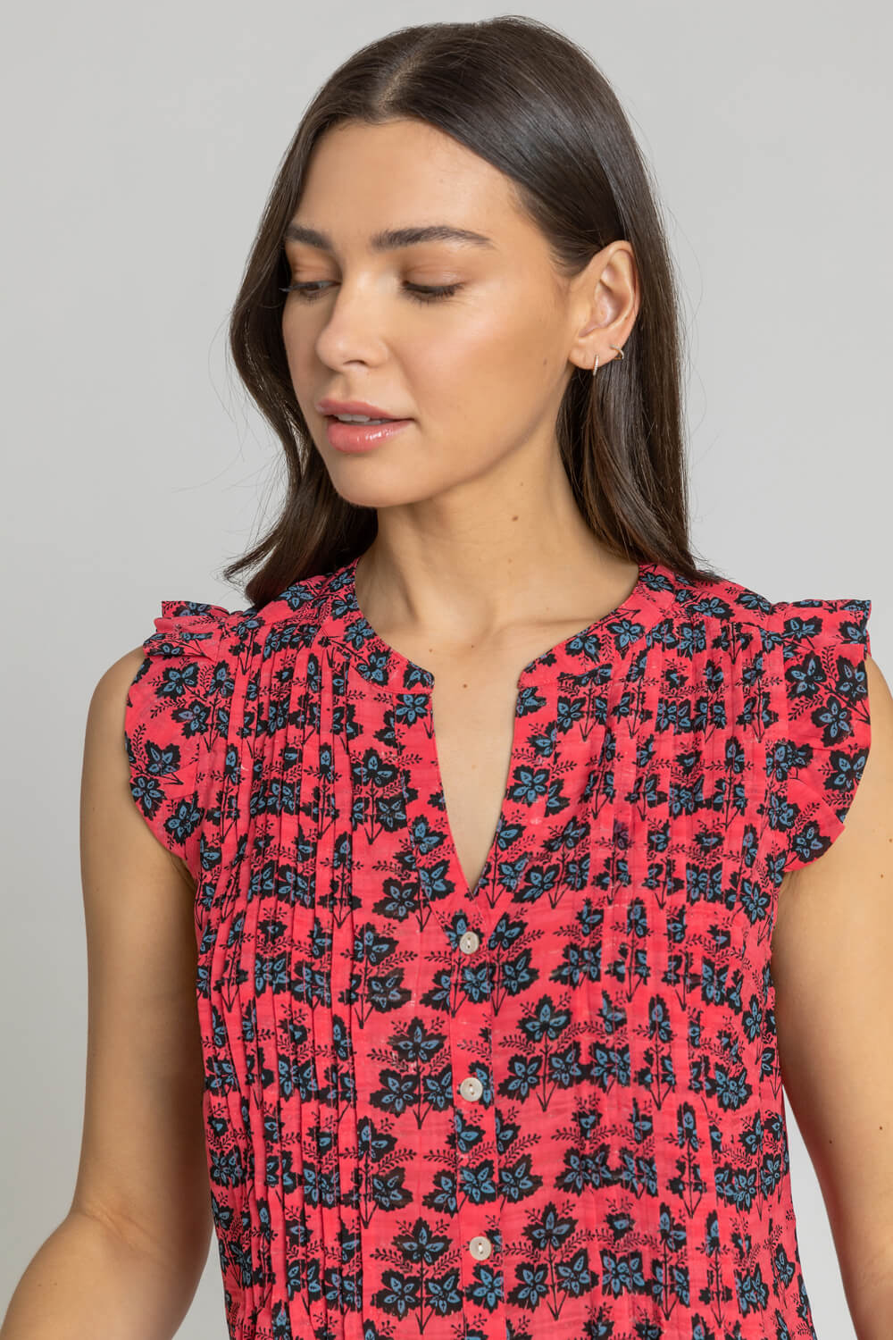 Fuchsia Sleeveless Frill Detail Floral Blouse, Image 4 of 4