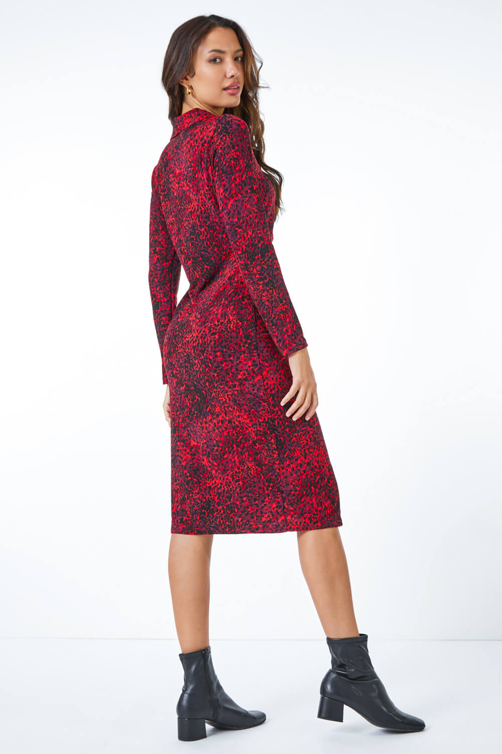 Red Ruched Front Stretch Leopard Print Dress, Image 3 of 5