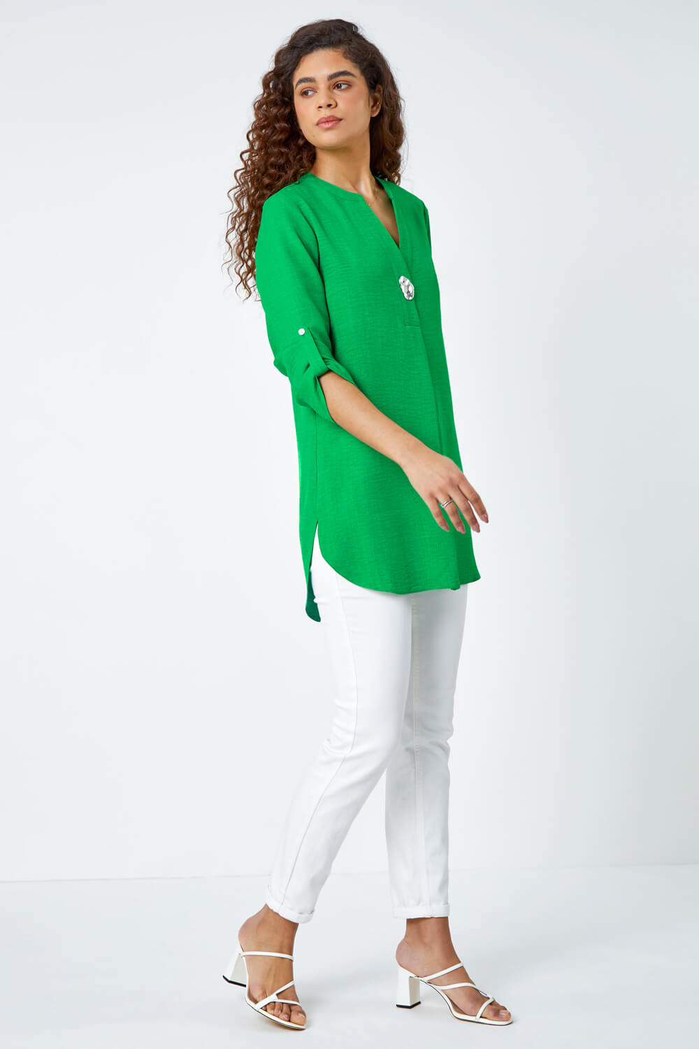 Green Button Detail Longline Blouse, Image 2 of 5