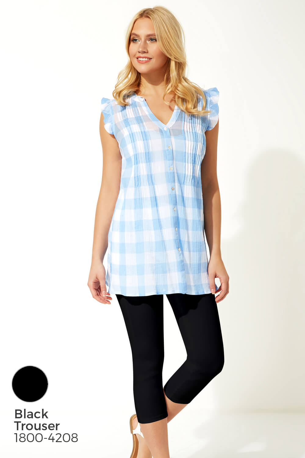 Light Blue  Check Pintuck Detail Blouse Top, Image 8 of 8