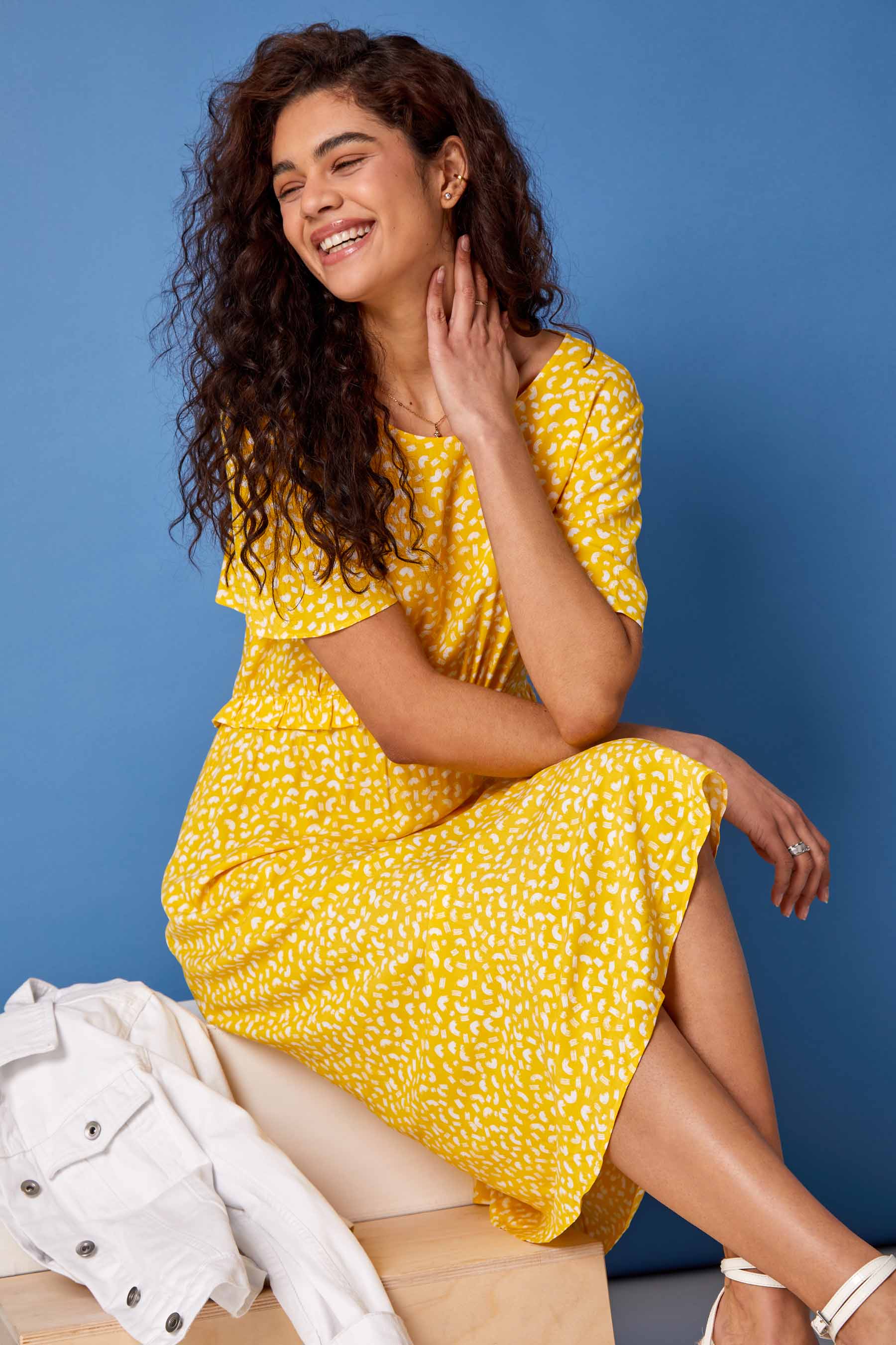 Yellow Ditsy Print Frill Waist Midi Dress, Image 2 of 6
