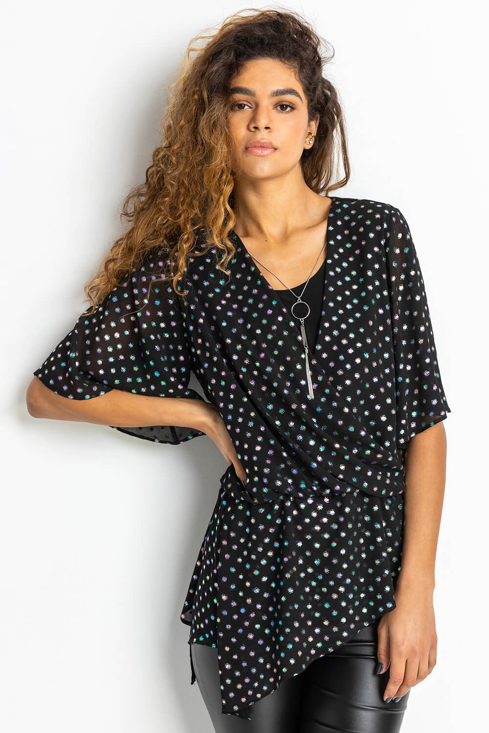 Black Foil Spot Print Top and Necklace, Image 1 of 4
