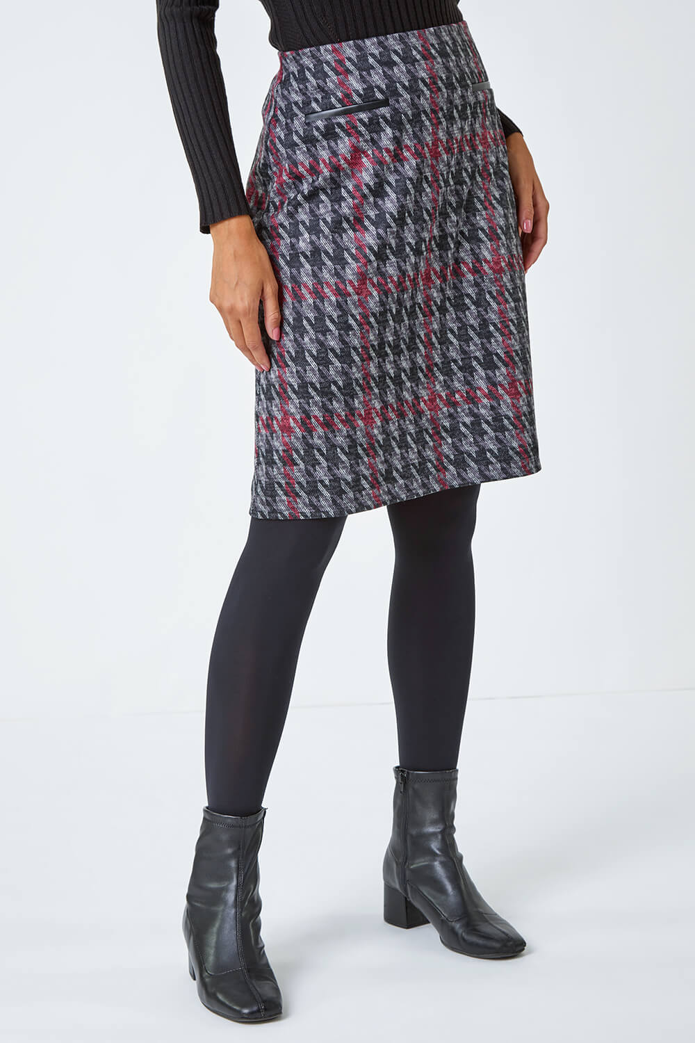Red Houndstooth Stretch Pencil Skirt, Image 4 of 5