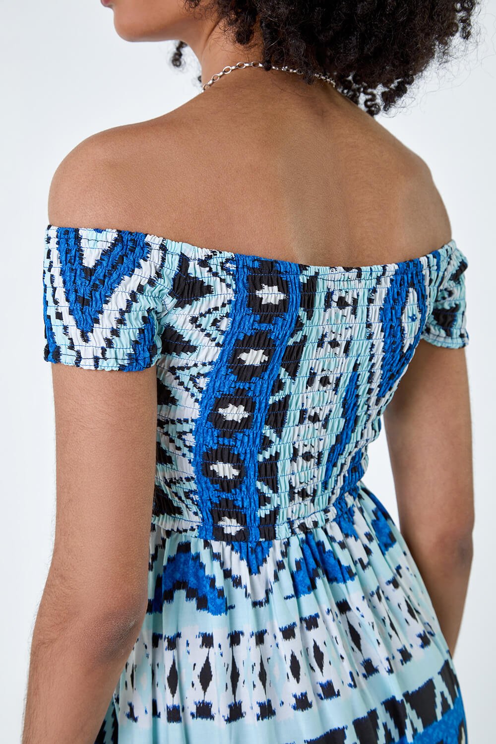Blue Aztec Shirred Bardot Maxi Dress, Image 5 of 5