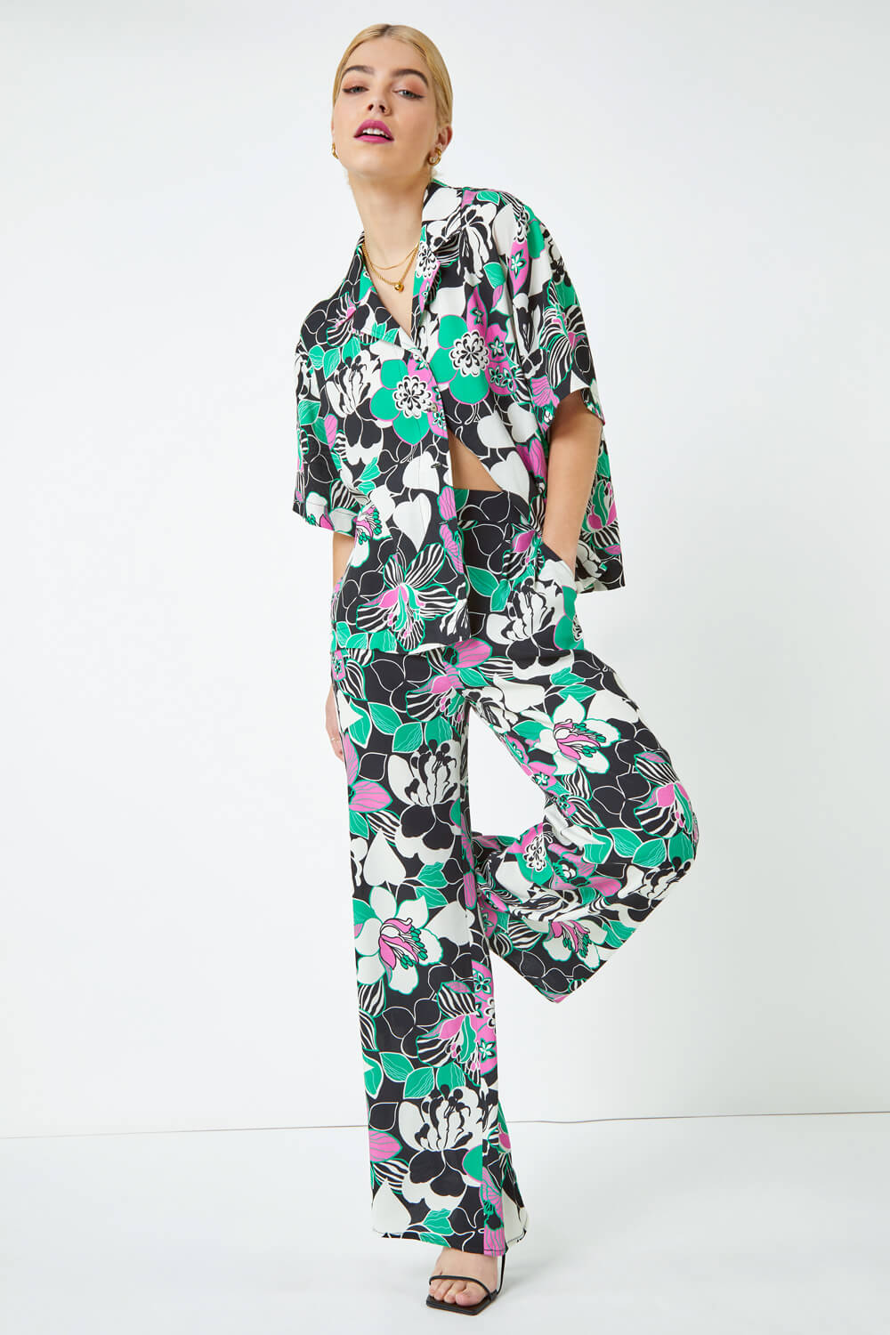 Black Floral Wide Leg Trousers, Image 2 of 5