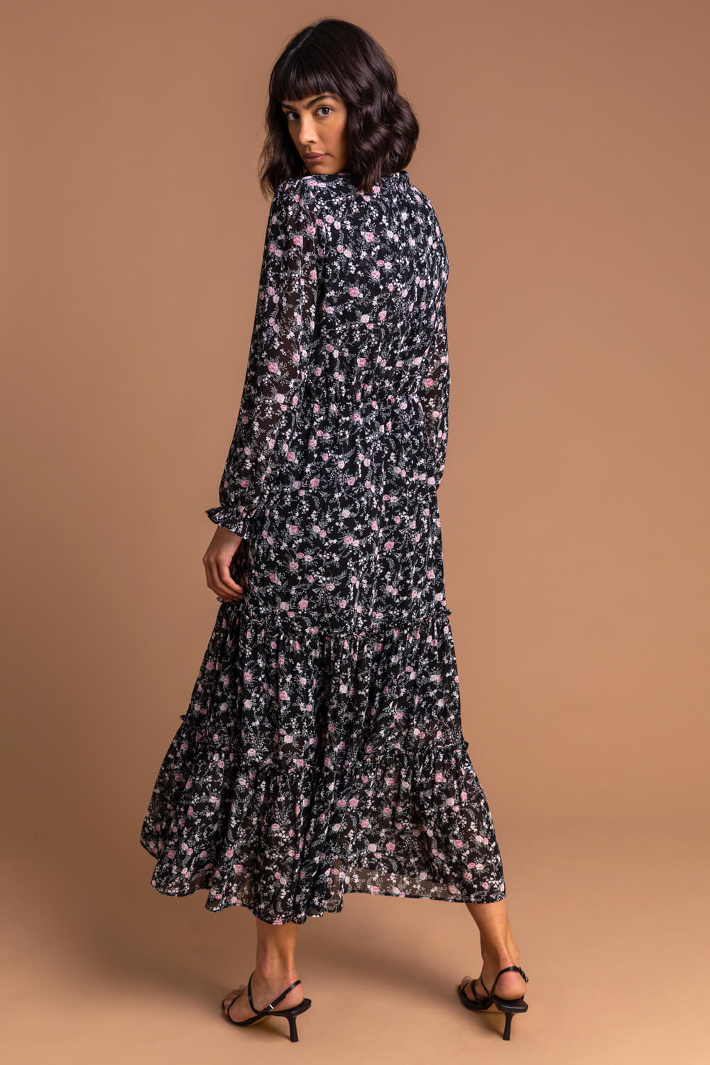 Black Ditsy Floral Tiered Midi Dress, Image 2 of 6