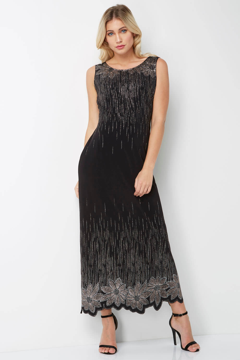 Glitter Detail Floral Maxi Dress in Black - Roman Originals UK