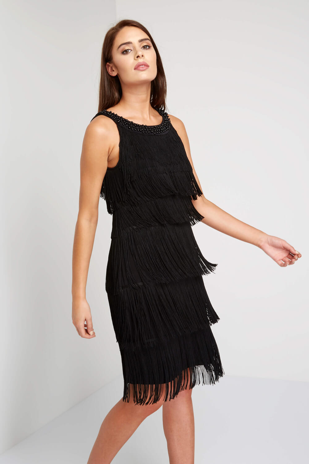 Embellished Fringe Flapper Dress in Black - Roman Originals UK