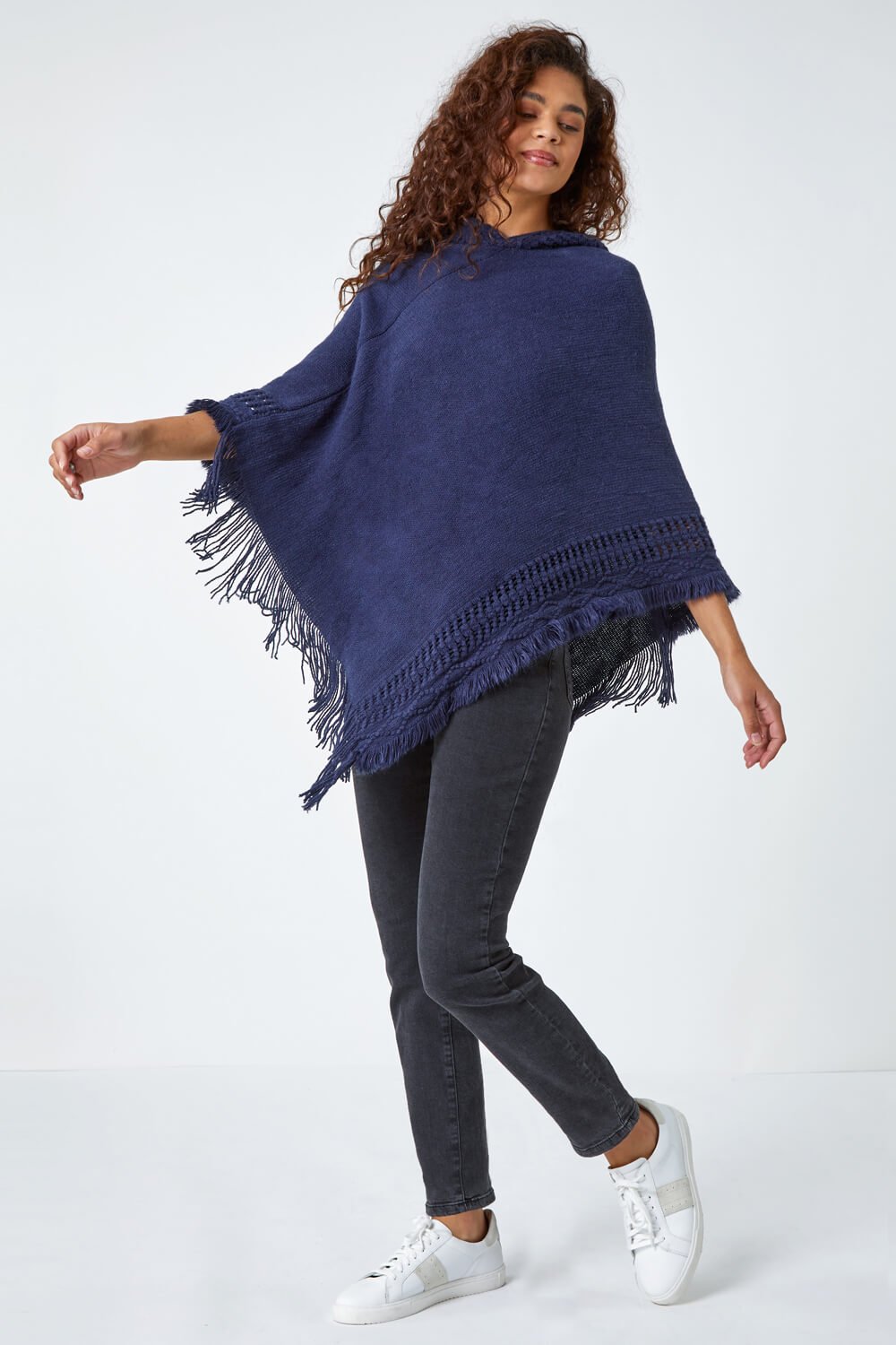 Midnight Blue Hooded Fringed Knitted Poncho | Roman UK