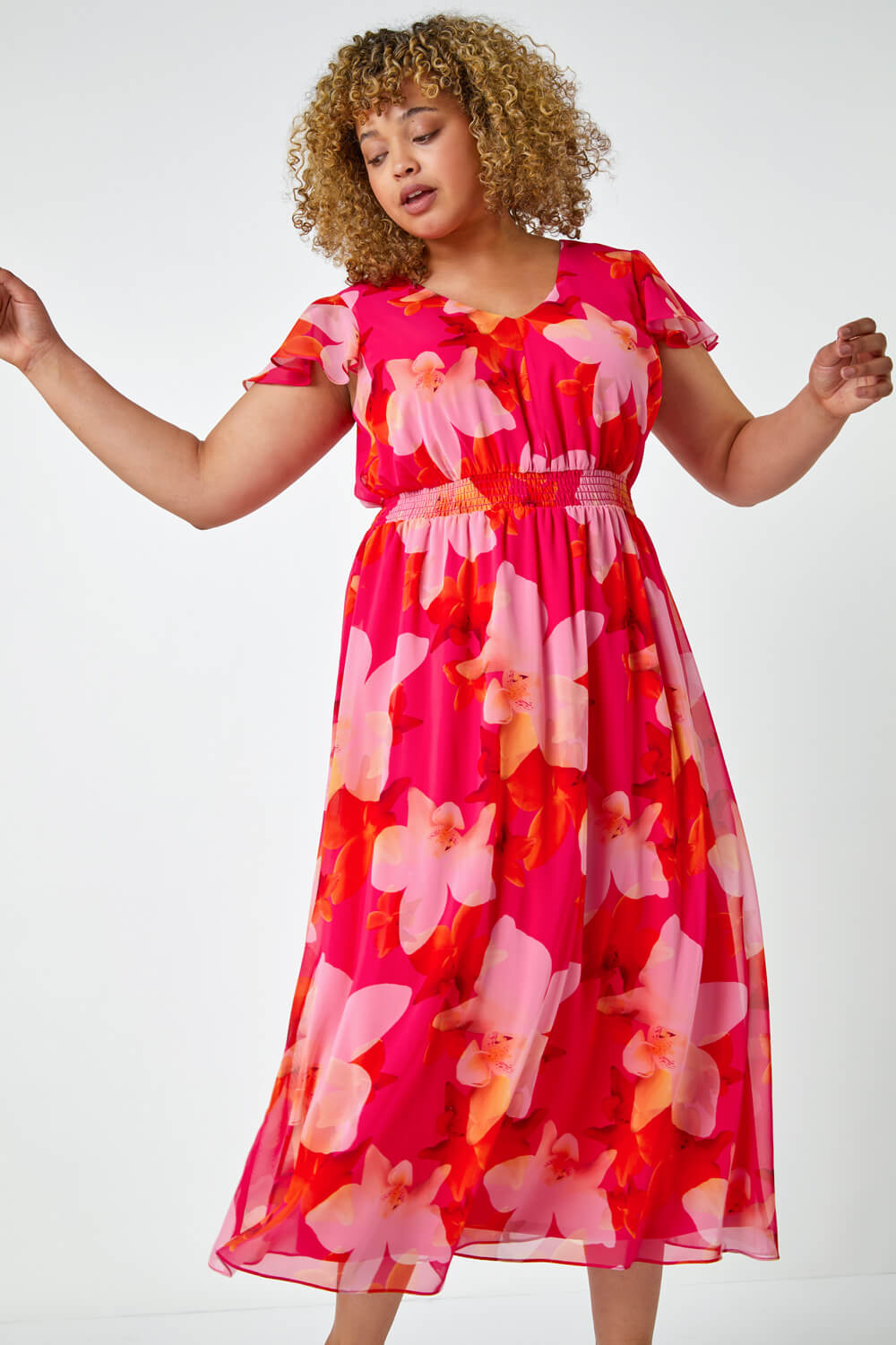 PINK Curve Floral Shirred Maxi Dress, Image 2 of 5