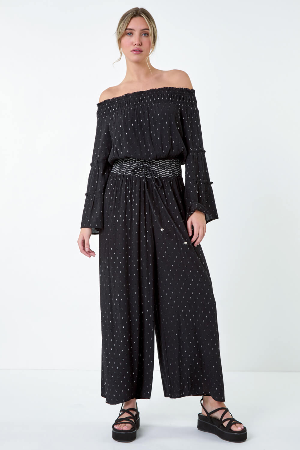 Black Shimmer Stretch Shirrred Wide Leg Trousers, Image 2 of 5