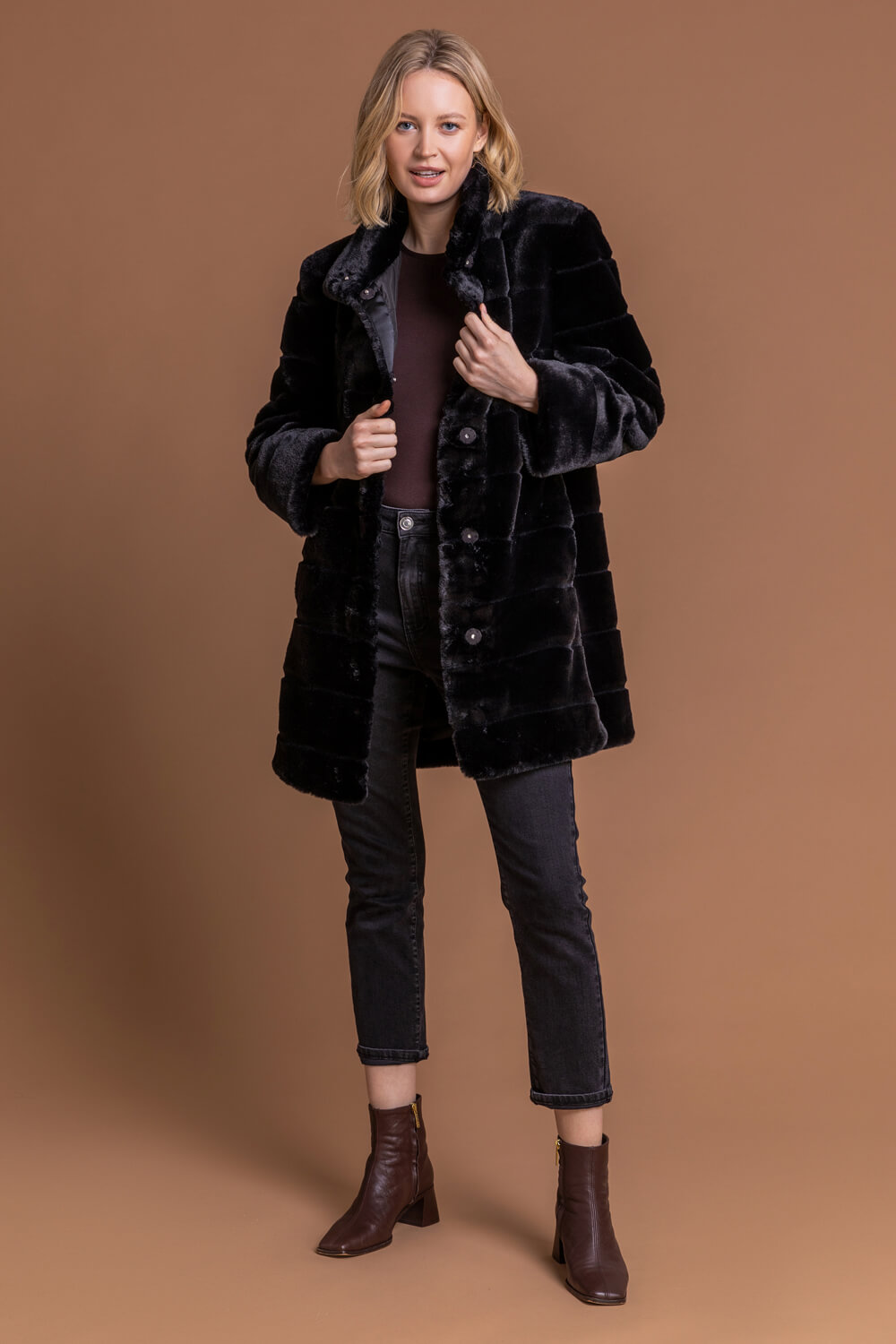 Black Faux Fur Embossed Stripe Coat, Image 3 of 5