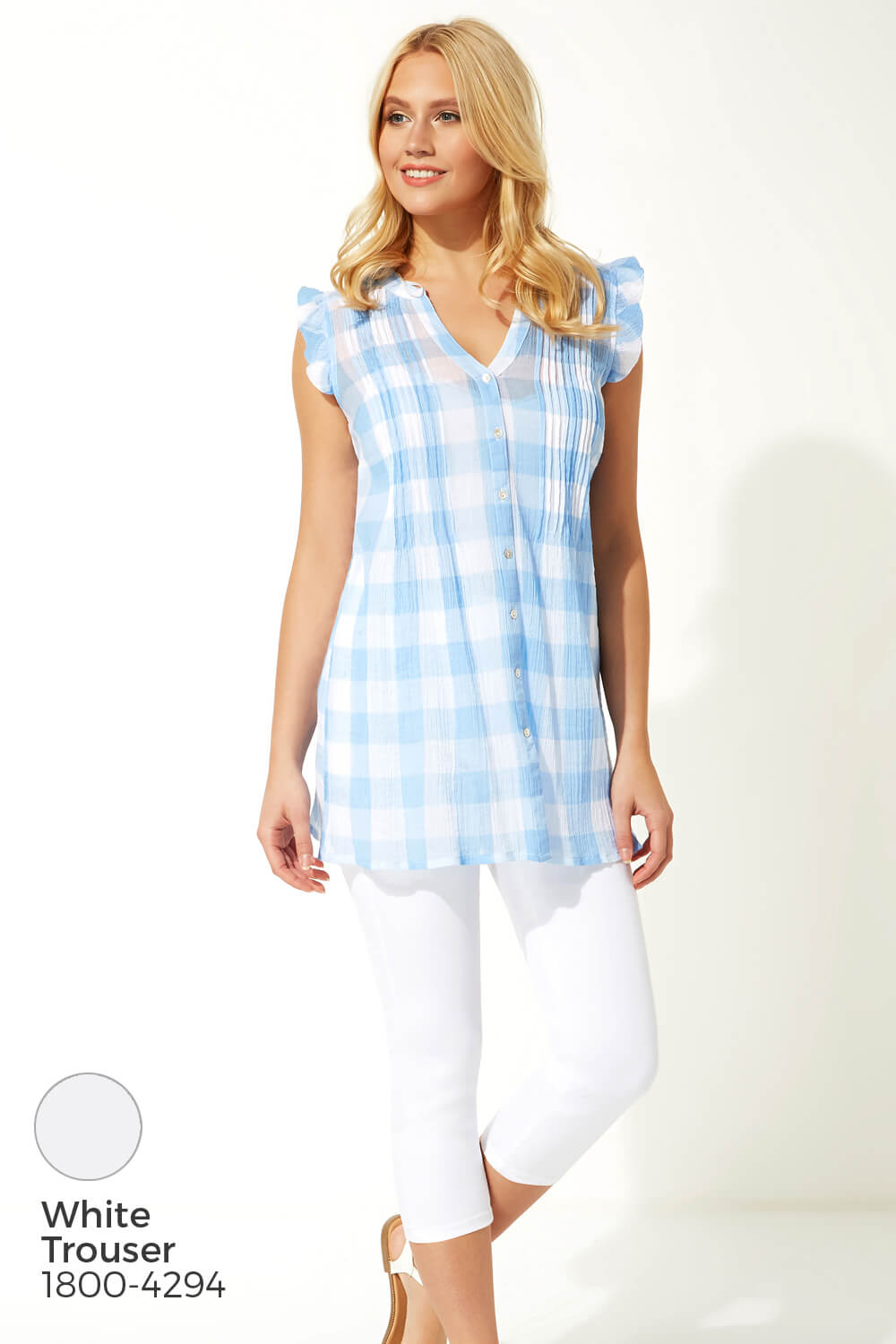 Light Blue  Check Pintuck Detail Blouse Top, Image 7 of 8