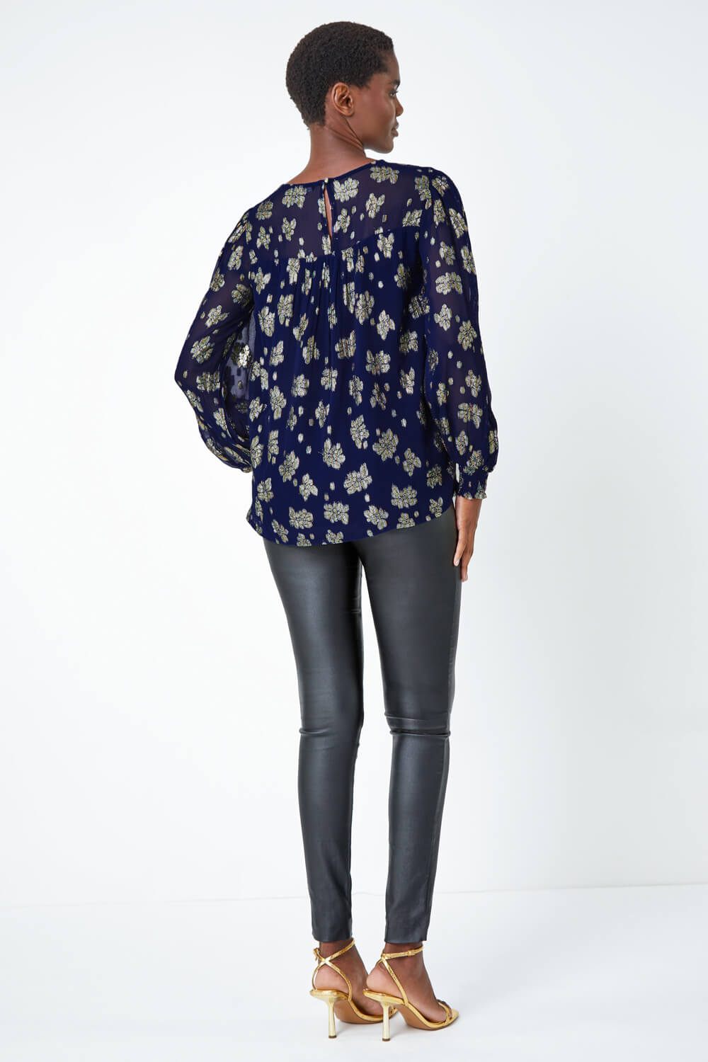 Midnight Blue Metallic Floral Print Ladder Lace Top, Image 4 of 5