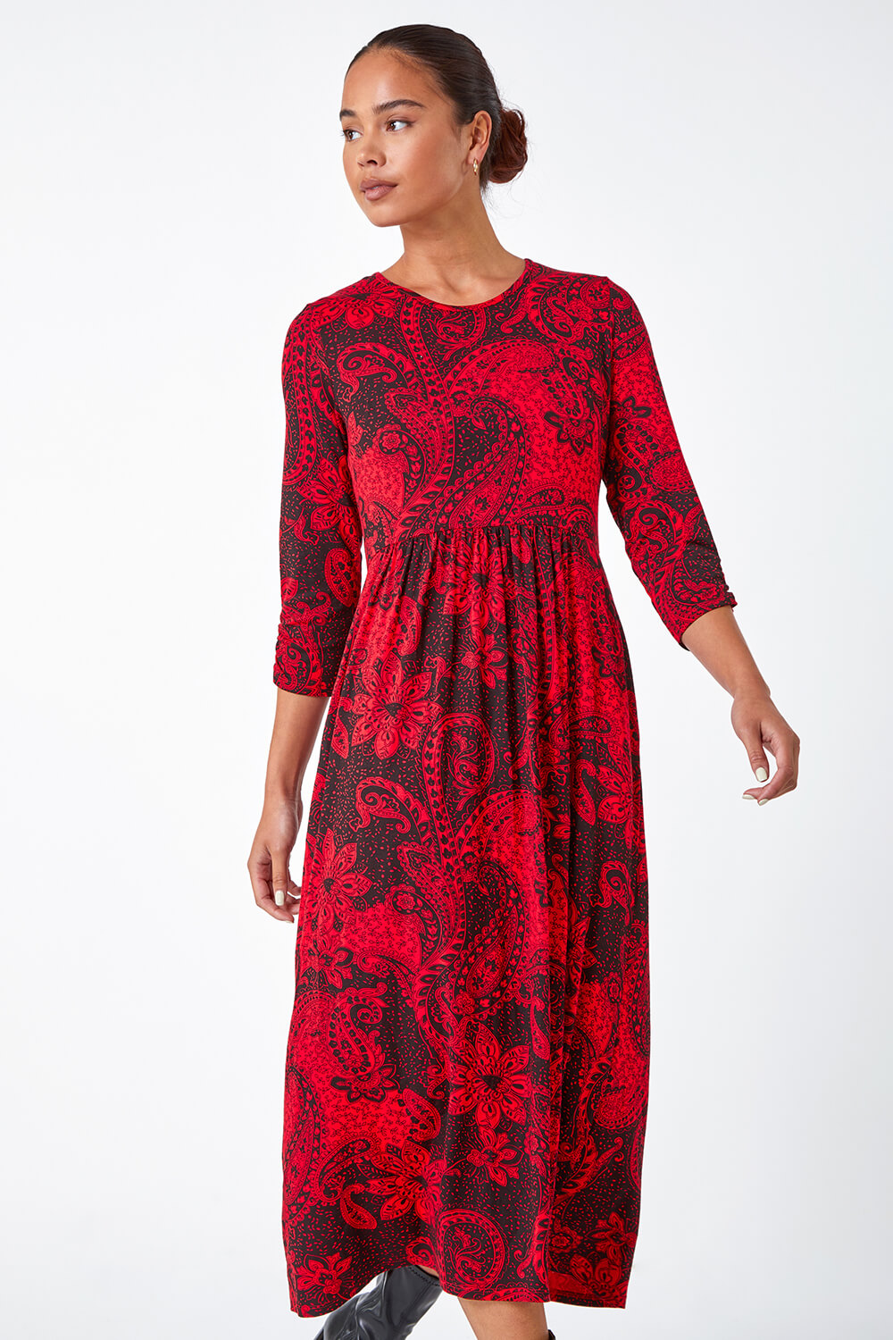 Red Petite Paisley Print Midi Stretch Dress, Image 4 of 5
