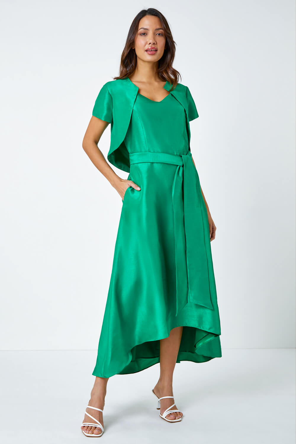 Green Dipped Hem Fit & Flare Dress, Image 2 of 5