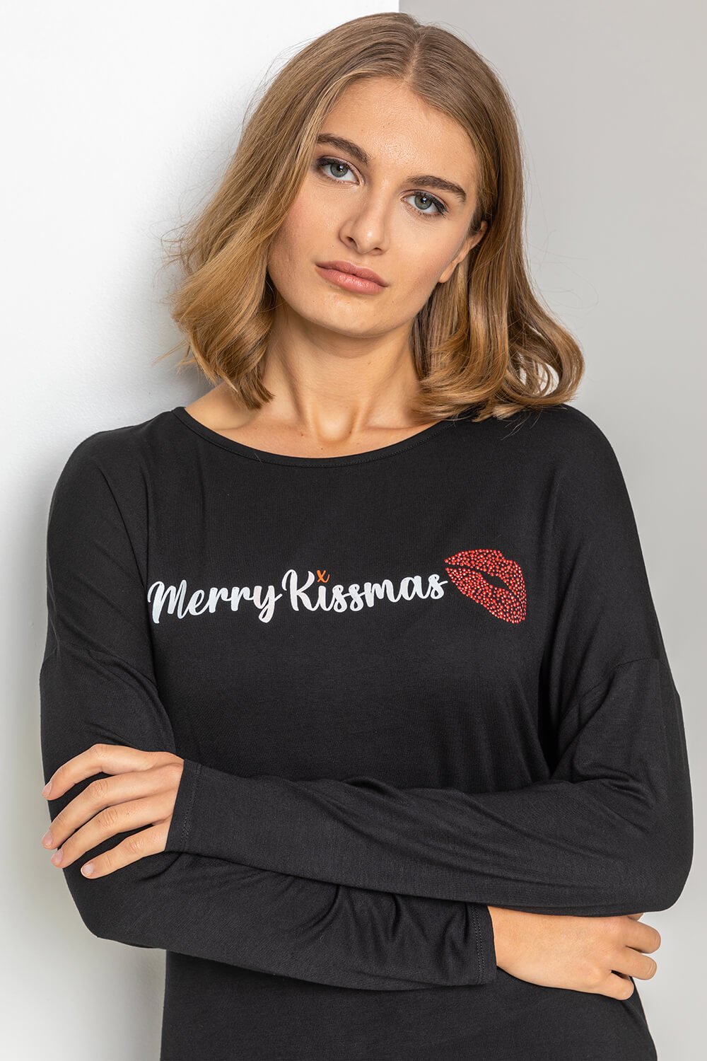 Black Merry Kissmas Motif Jersey Top, Image 4 of 4
