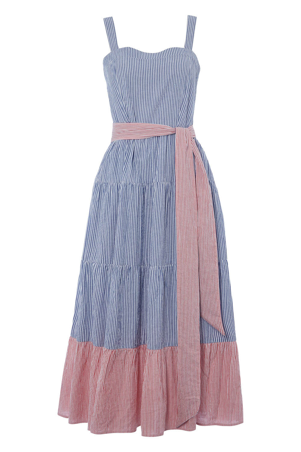 Blue Stripe Tiered Cotton Midi Dress, Image 3 of 3
