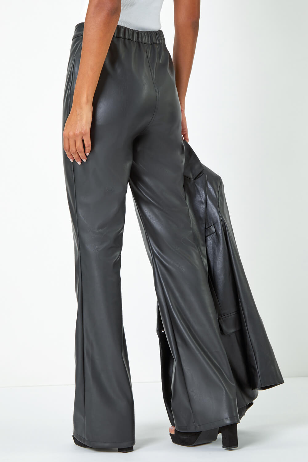 Black Faux Leather Bootcut Stretch Trousers, Image 3 of 6