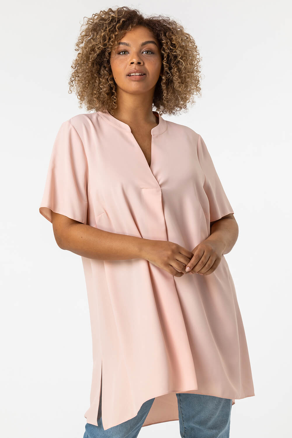 Light Pink Curve Pleat Detail Tunic Top, Image 3 of 4