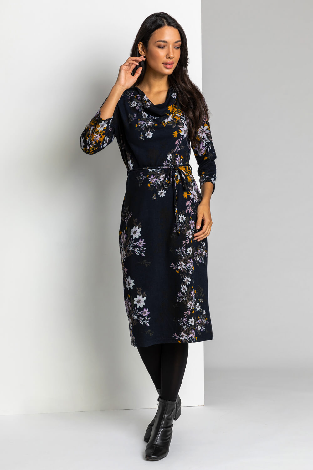 Navy  Floral Knitted Cowl Neck Dress, Image 4 of 5