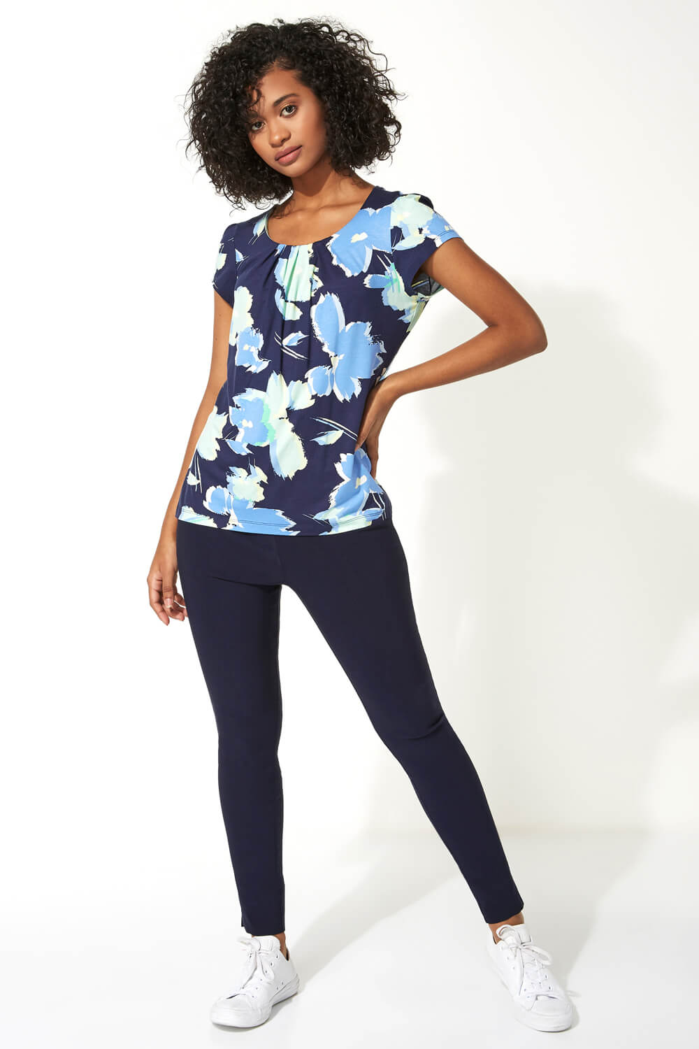 Navy  Floral Print Pleat Neck Top, Image 3 of 5