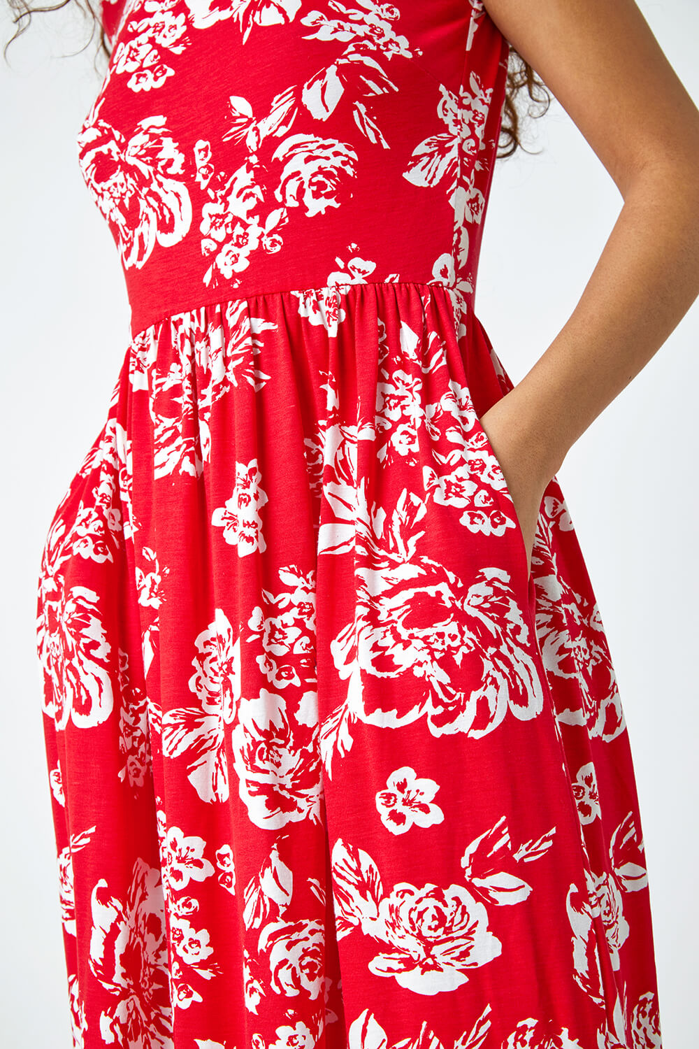 Red Floral Print Midi Stretch Dress, Image 5 of 5