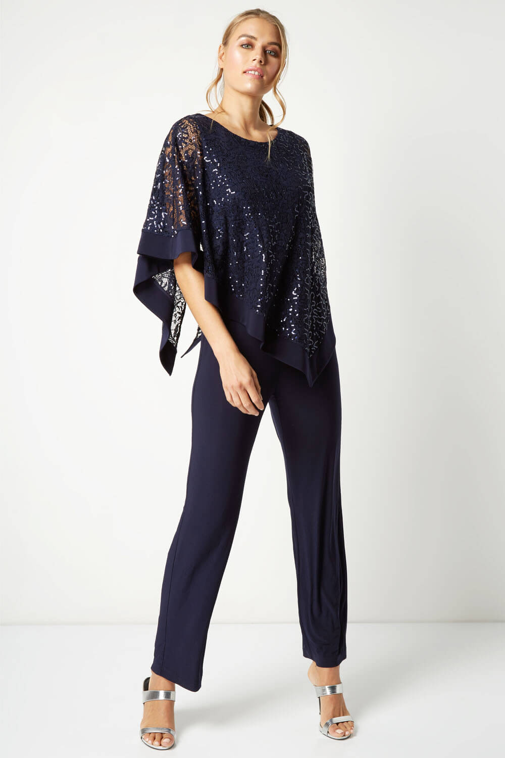 Navy  Sequin Overlay Jumpsuit, Image 2 of 4